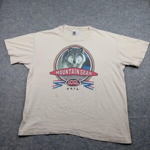 Vintage Mountain Gear Shirt Mens Extra Large Tan‎ Wolf Graphic Vail Made USA 90s